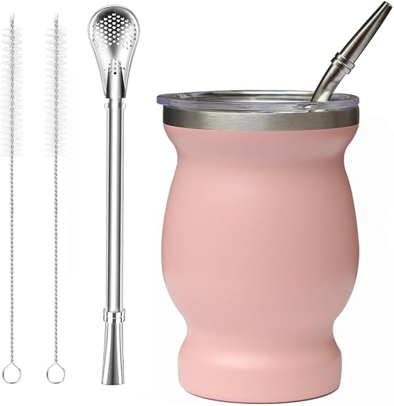 Beruth Bombilla Yerba Mate Gourd, 8 oz Paslanmaz Çelik Çay Bardağı Seti, Çok Fonksiyonlu Kapaklı, İki Pipetli ve Temizleme Fırçalı, Çift Duvarlı Kahve Kupası Isı Yalıtımı, Haşlanma Önleyici (Şeftali