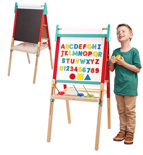 Battat Kids Art Easel, All-in-One Creation Station, Wooden Double-Sided | Magnetic whiteboard, chalkboard, paper roll, 61-piece art set, adjustable height wooden easel, creative play, 3+ Years