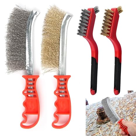Hand Wire Brush Set 4 Pcs with Stainless Steel Brush and Brass Brush,Wire Brush for Wood, Drill, Cleaning Welding Slag, Rust Removal, Angle Grinder, Bricks Wire Brushes(2 Big&2 Small)