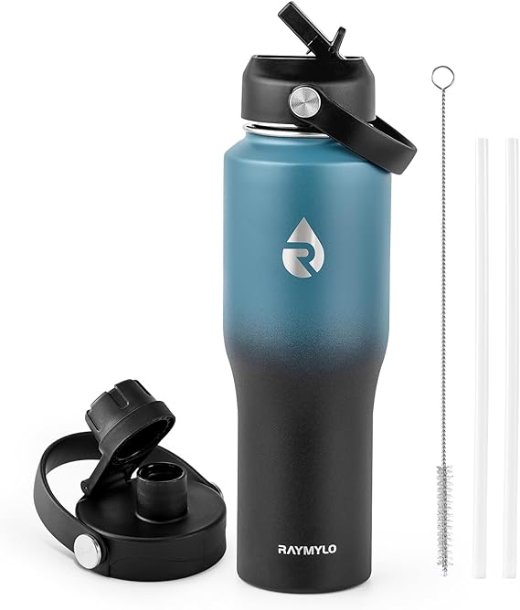 RAYMYLO 32 oz Insulated Water Bottle with Straw, Fit in Car Cup Holder | (Cold for 48 hrs) Triple Wall Vacuum, Stainless Steel Hydro Travel Flask with Straw Spout Lid, Leakproof & Non-BPA