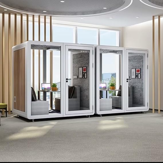 Sound Proof Mobile Office Pod Booth, Best for 4-6 People, Glass Door LED Lights, Includes Furniture & Table. Best for Private Meeting, Office, Phone Call, Piano, Study, Sleep & More (White)