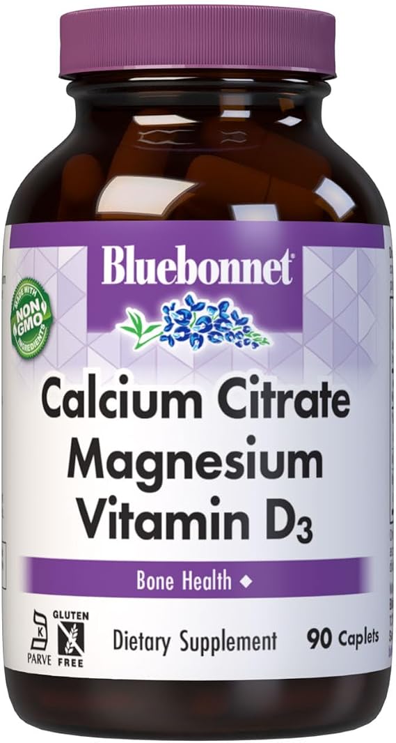 Bluebonnet Nutrition Calcium Citrate Magnesium Plus Vitamin D3 Caplets, Bone Health & Muscle Relaxation, Non GMO, Gluten, Soy & Milk Free, Kosher, White, 90 Count | Bone Health & Muscle Relaxation; Non-GMO, Vegan, Kosher Certified, Gluten-Free, Soy-Free, Dairy-Free