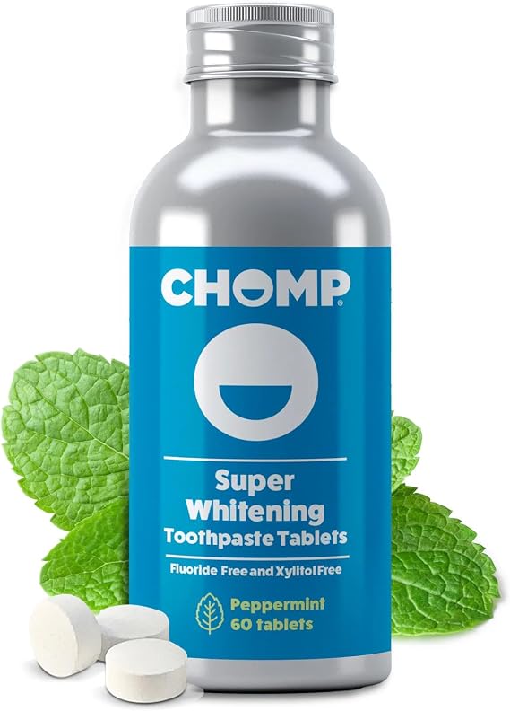 Chomp Whitening Toothpaste Tablets Fluoride Free Peppermint Toothpaste Tablets for Fresh Breath & Daily Oral Care, Travel-Friendly Bottle, 60 Count