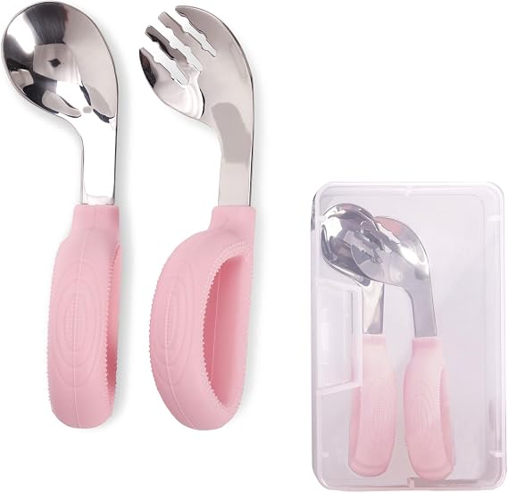 Toddler Training Utensils -Silicone Easy-Grip Handles Baby Forks and Spoons Pink Set-Kids Stainless Steel Silverware-Self Feeding&Children Safe-Dishwasher Safe