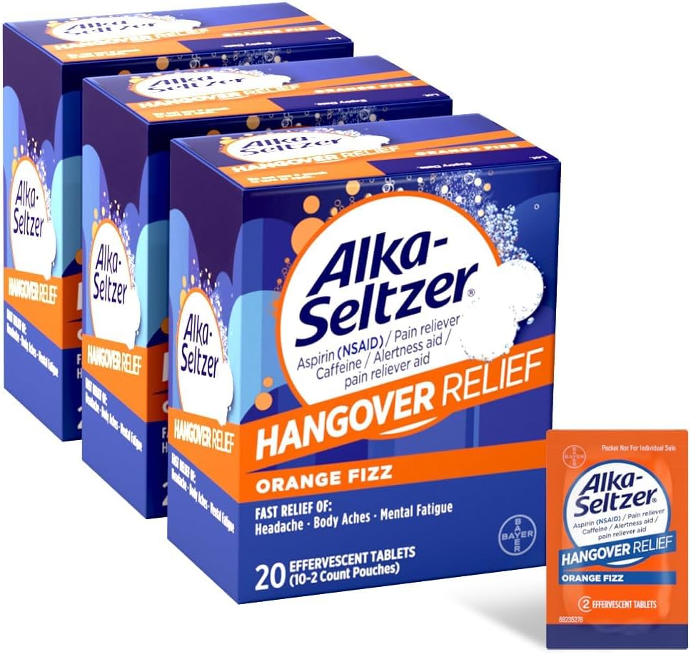 Alka-Seltzer Hangover Relief Tablets, Fast Relief Starts In About 15 Minutes for Headaches, Body Aches & Mental Fatigue, Bachelorette & Bachelor Party Packs 60 Count 3 Boxes, 20 Tablets Each