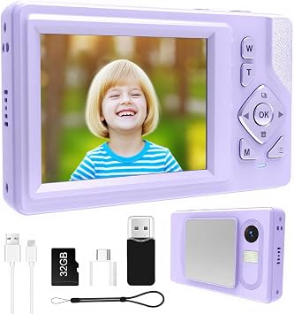 Digital Camera for Kids Teens Beginners - 48MP FHD 1080P, 18X Digital Zoom Anti-Shake, 2.83" LCD + 32GB Card, Portable Vlog Camera for Travel, Compact Point-and-Shoot Easy to Use (Purple)