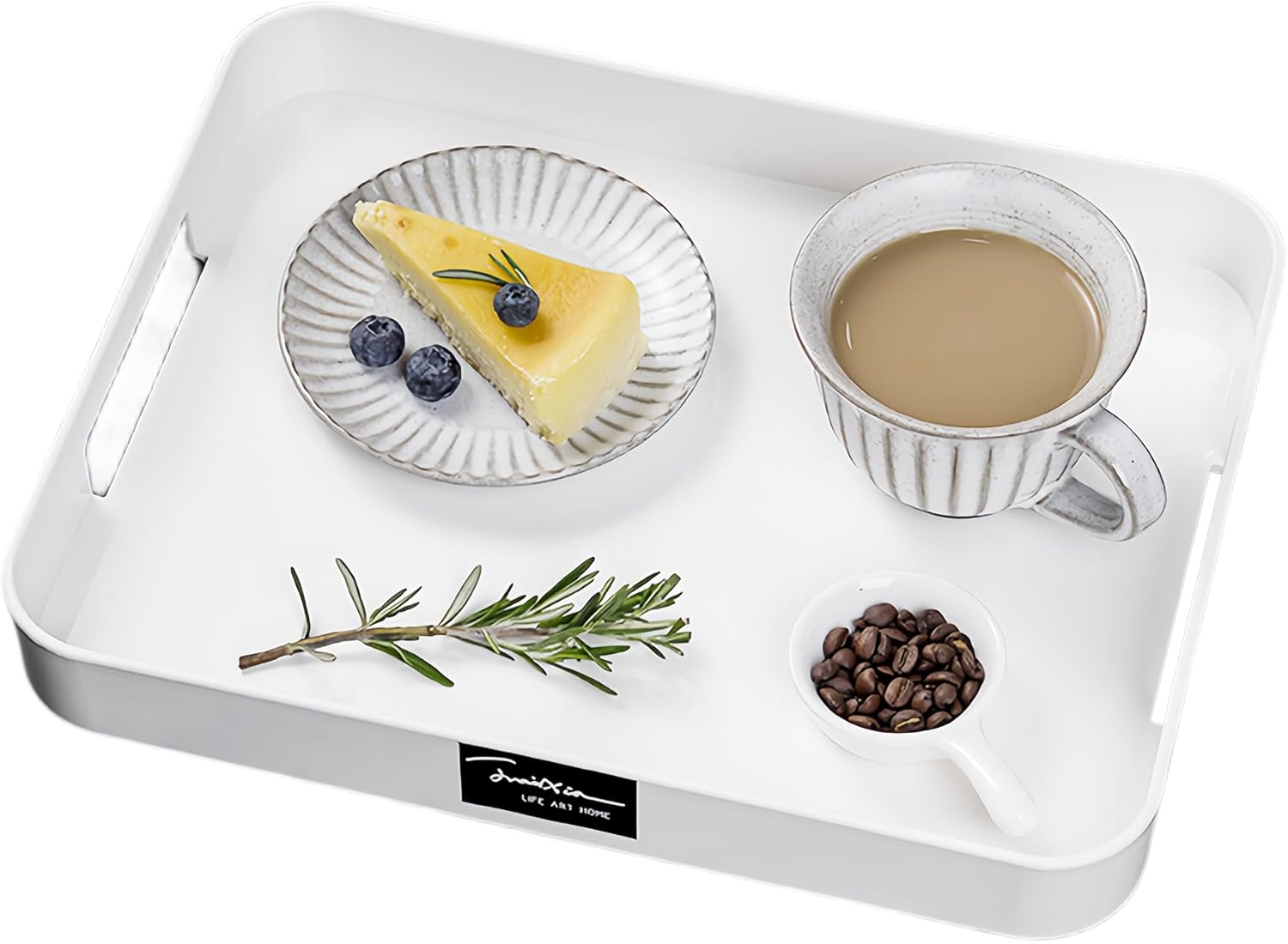 Plastic Serving Tray with Handles Rectangular in White 12.99inchx10.24Inch, Breakfast Tray Reusable Charcuterie, Food, Snack, Dessert Platters, Used in Bedroom, Kitchen, Living Room, Bathroom