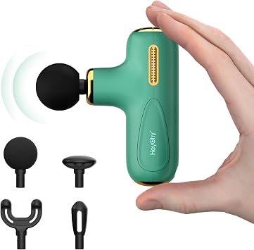 HEYCHY Super Mini Massage Gun Deep Tissue, Pocket Sized Percussion Muscle Massager with 4 Heads for Men Women Athletes Back Neck Shoulder Relief, Quiet for Home, Office, Gym, Travel, Green