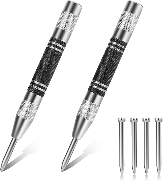 Automatic Center Punch,2 Pack Heavy Duty Spring Loaded Center Punch,Heavy Duty Automatic Center Punch,Adjustable Tension Center Punch Tool with Two Replacement Tips,for Metal,Glass,Wood,DIY
