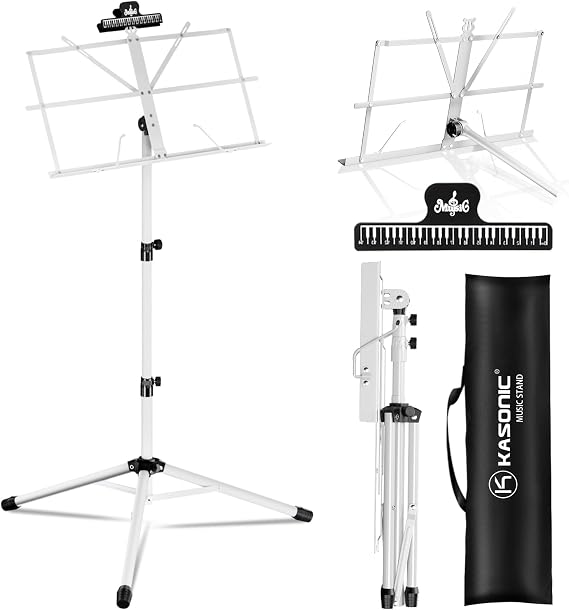K KASONIC Music Stand, Kasonic 2 in 1 Dual-Use Folding Sheet Music Stand & Desktop Book Stand, Portable and Lightweight with Music Sheet Clip Holder | Sturdy Metal Tripod, Adjustable Height, Folds Compact, Includes Sheet Clip & Carry Bag, Great for Gigs, Bands, Practice