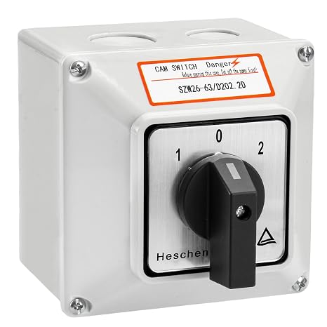 Heschen Universal Rotary Cam Selector Changeover Switch, SZW26-63/D202.2D, 660V 63A, ON-Off-ON, 3 Position 2 Phase 8 Terminals, with Master Switch Exterior Box, Gray