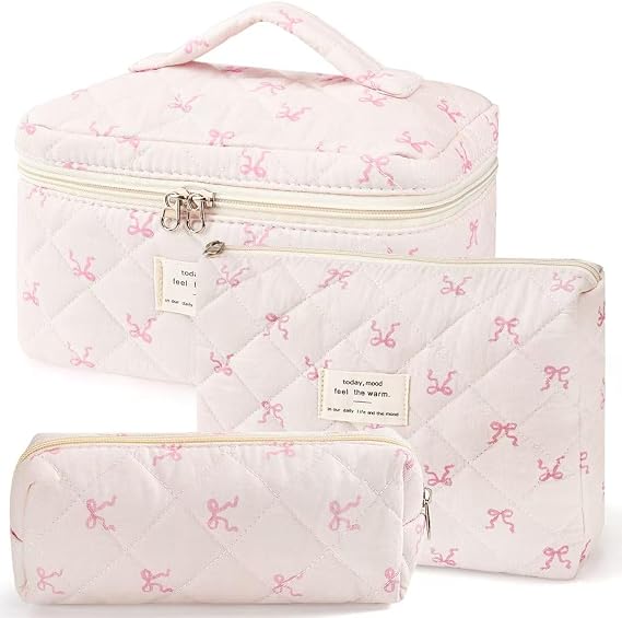 3Pcs Makeup Bag Cute Cosmetic Bags for Women, Large Capacity Travel Quilted Makeup Bag Set,Cotton Floral Makeup Pouch, Coquette Puffy Toiletry Bag,Attractive Quilted Pouch (Pink bow)