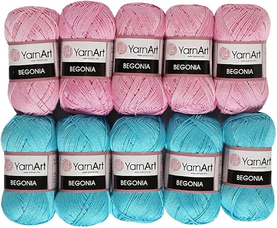 10 Skein Yarnart Begonia Yarn, 100% Mercerized Cotton, Each 1.76 Oz (50g) / 185 Yrds (169m), Fine Sport: 2 Pink and Blue Set
