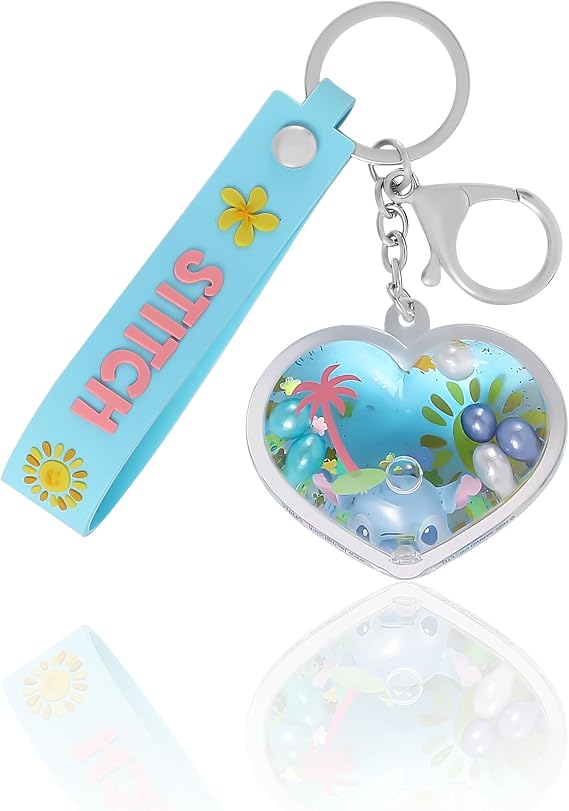 Stitch Liquid Keychain Official Disney Heart Bag Charm with Wristlet | Strap for Backpacks & Purses