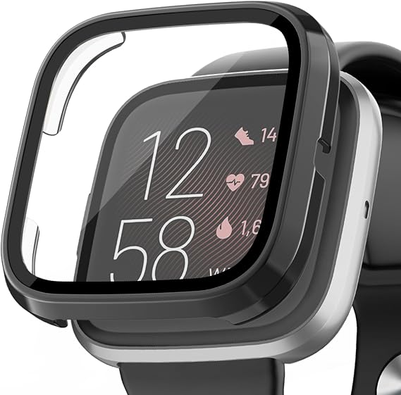 Tobfit Hard PC Case Built in Tempered Glass Screen Protector Cover for Fitbit Versa 2, Durable Ultra-Thin Scratch Resistant Full Protective Case Compatible for Fitbit Versa 2 Smartwatch, Glossy Black