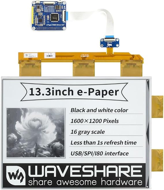 Waveshare 13.3inch E-Paper E-Ink Display HAT Compatible with Raspberry Pi4B/3B+/3B/2B/B+/A+/Zero/Zero W/WH/Zero 2W 16001200 Pixels Black/White 2-16 Grey Scales USB/SPI/I80 Supports Partial Refresh