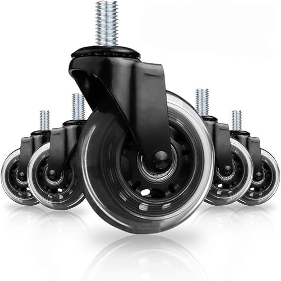 8T8 Replacement 3" Office Chair Screw Stem M10 Caster Wheels 5/16'' Thread Rollerblade Heavy Duty Soft PU Rubber Safe for Hardwood Carpet Floors 5 Set (Black)