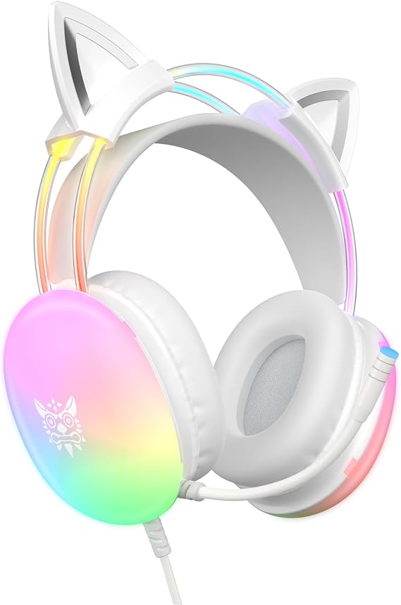 Cat Ear Gaming Headset with Mic, RGB Rainbow Lighting, Surround Sound, 3.5mm Wired Over-Ear Headphones for PC/Switch/Laptop, Lightweight and Adjustable Headband