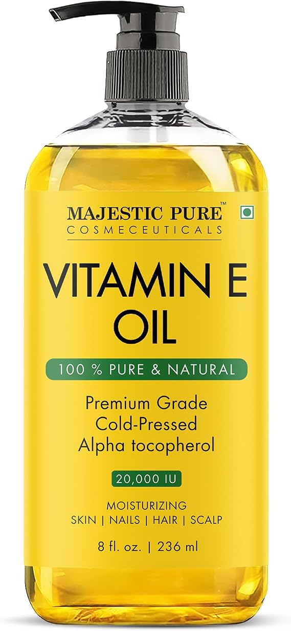 Majestic Pure Vitamin E Oil 100% Pure & Natural Body Oil - 8 Fl Oz | Cold Pressed & Hexane Free Carrier Oil for Moisturizing Dry Skin,Scars, Hair, Eyelashes, Eyebrows, Body, Face, Nails & Scalp