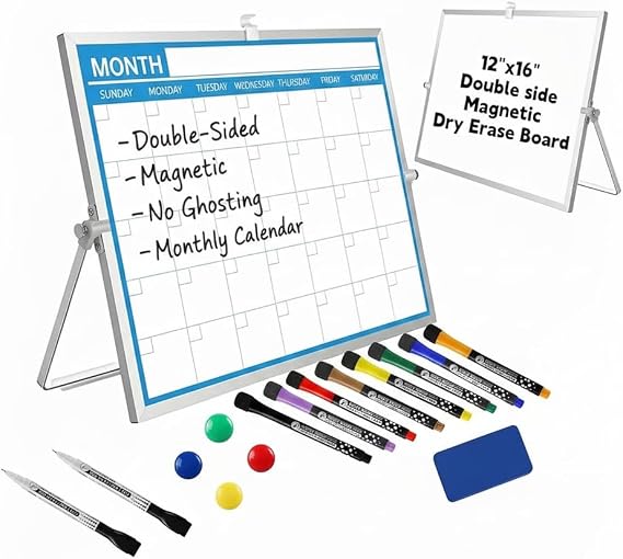 Magnetic Desktop Whiteboard with Calendar, 12x16 Inch, Double Sided