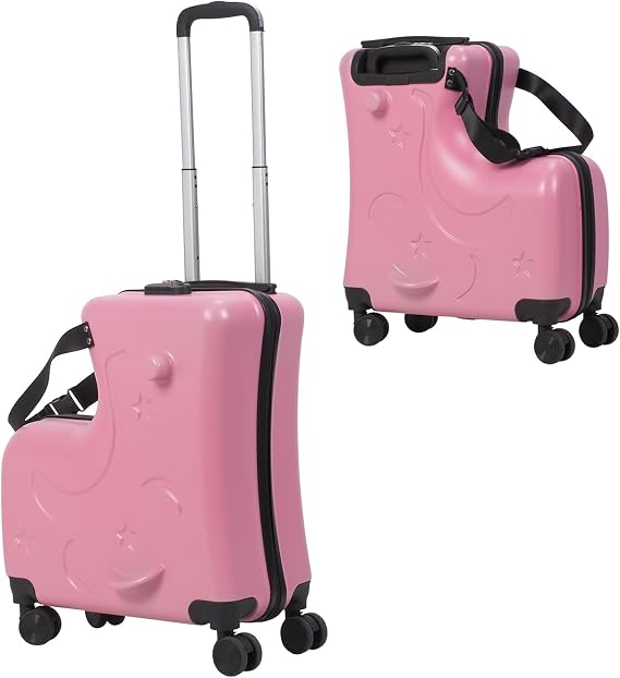 Ride On Suitcase for Kids & Adults - 20 Inch Large Capacity Carry On Travel Luggage with Toddler Seat,Kid Children Luggage Set with 4 Spinner Wheels and Safety Belt for Boys Girls Gift (Pink)