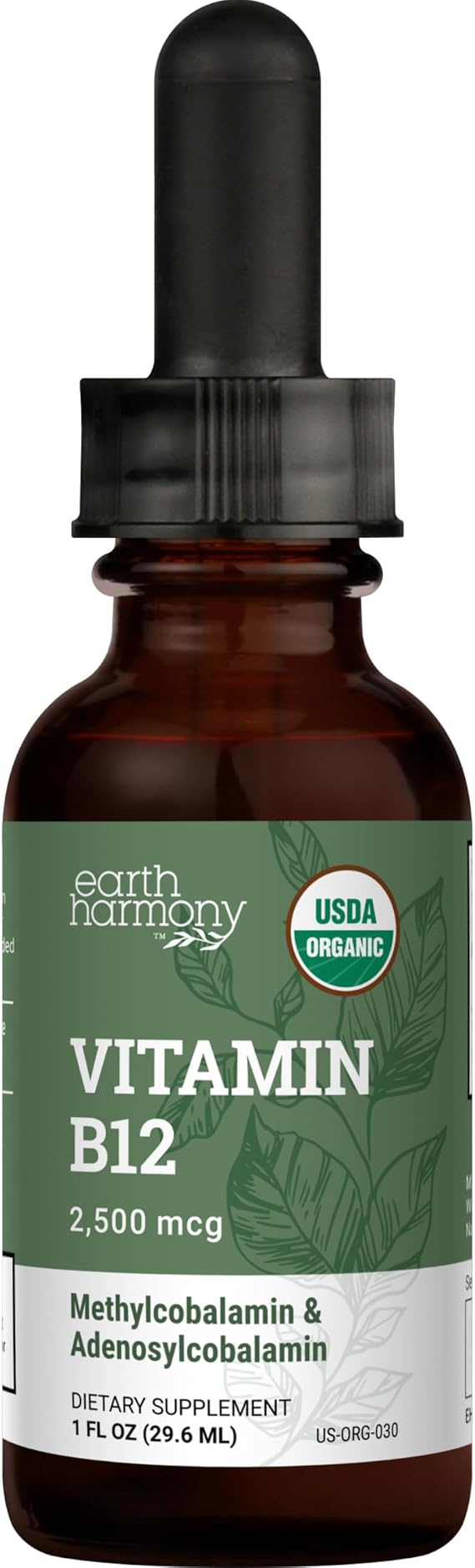 Earth Harmony Naturals Organic Vegan Vitamin B12 Sublingual Liquid Supplement - 2500mcg Methylcobalamin Drops for Natural Energy, Metabolism Health and Immune System Support - 1 Fl Oz