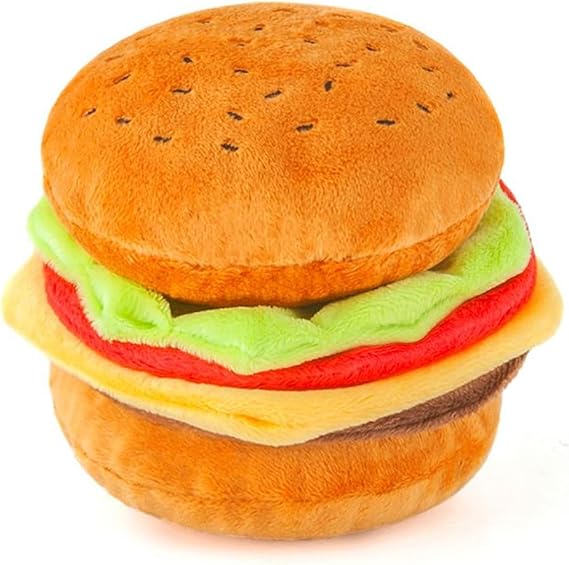 P.L.A.Y. Cute Plush Dog Toys - Fast Food Themed Durable Giggle Chew Toy, Great for Puppies & Small, Medium, Large Dog - Machine Washable, Recycled Materials (American Classic Burger, Medium)
