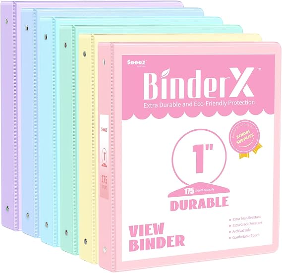 Sooez 3 Ring Binders 1 Inch 6 Pack, 1" Three Ring Binder with Pockets