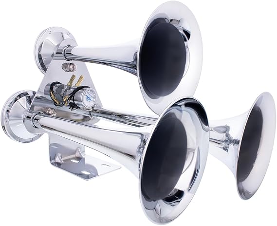 United Pacific 46129 Chrome Plated 3 Trumpet Train Horn, 12V Heavy-Duty Electric Solenoid, 150 PSI Max, Super Loud Output 145dB +/- 10 dB - ONE Set