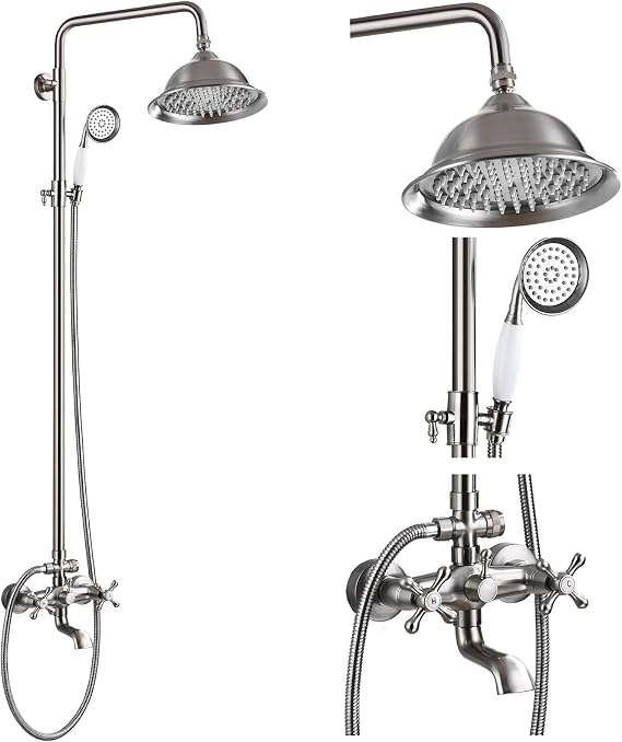 gotonovo Exposed Shower System with Spout,Brushed Nickel,No Shower Shelf | Brass Shower Faucet Set,8 Rain Head with Handheld Spray,Swivel Tub Spout,2 Cross Handle,6 Hole Distance,Adjustable Height