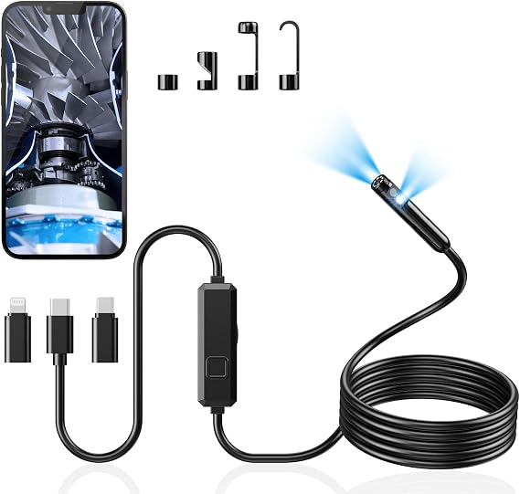 Acoath Endoscope Inspection Camera with Light, Dual-Lens 1920P HD Borescope with 8 LED Lights, IP67 Waterproof Flexible Tools, 3M Semi-Rigid Snake Drain Garage Camera for Android & iOS