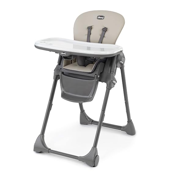 Chicco Polly Foldable High Chair for Babies and Toddlers, Space-Saving | Taupe, 5-point harness, 3-position recline, 7 height positions, 40 lb limit, wipeable baby and toddler chair