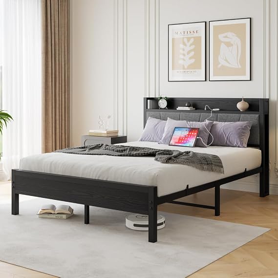 Full Size Storage Bed Frame with Charging Station Headboard, Vintage Brown and Gray, Solid Wood Construction, No Box Spring Required (Queen Size + Black)