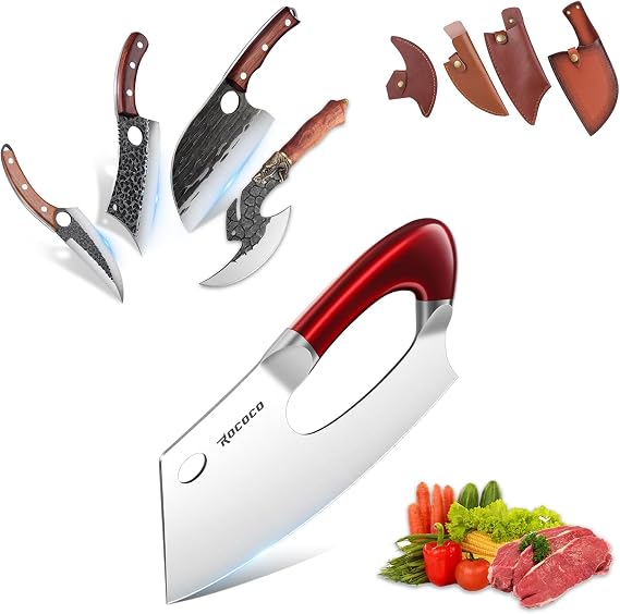 ROCOCO 5PCS Effort Saving Chef Knife Butcher Cleaver Knife Viking Cleaver Knife Set for Meat Cutting with Sheaths for Kitchen Outdoor BBQ Camping Birthday Christmas Gift Idea Men