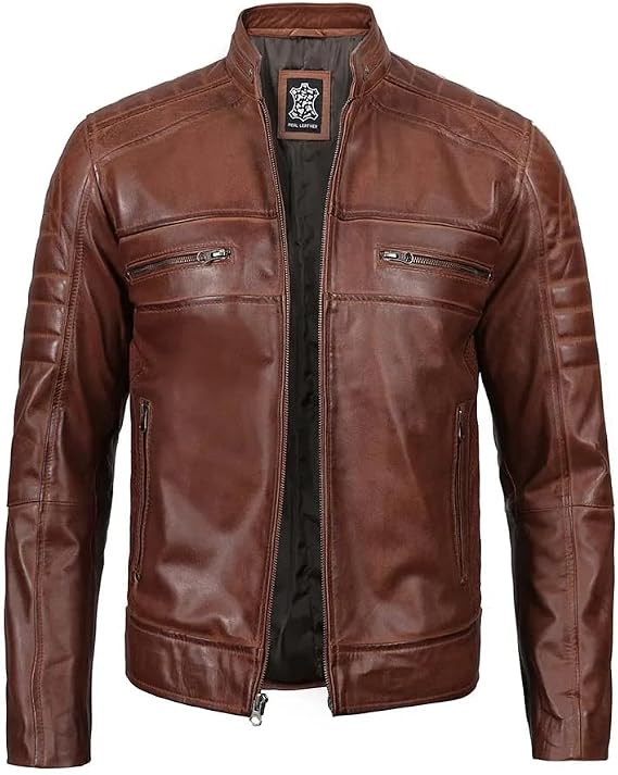 Men's Biker Genuine Leather Jacket - Vintage Motorcycle Real Leather Jacket in Black and Brown