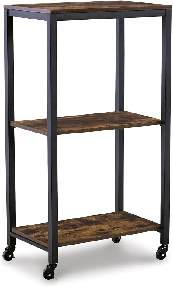 Signature Design by Ashley Bevinfield Rustic Bar Cart with 3 Shelves and Locking Casters, Medium Brown & Black