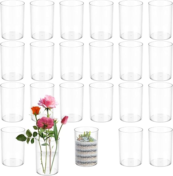 30 PCS Plastic Cylinder Vase 4 Inch Cylinder Vase Bulk Small Clear Flower Container Hurricane Candle Holder Round Wide Container Centerpiece for Home Office Wedding Decor