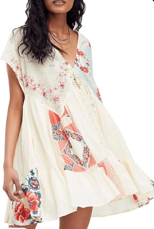 SOOKABEILA Womens Boho Mini Dress Y2k Floral Print Deep V-Neck Puff Sleeve Short Dress 2025 Summer Loose Beach Sundress
