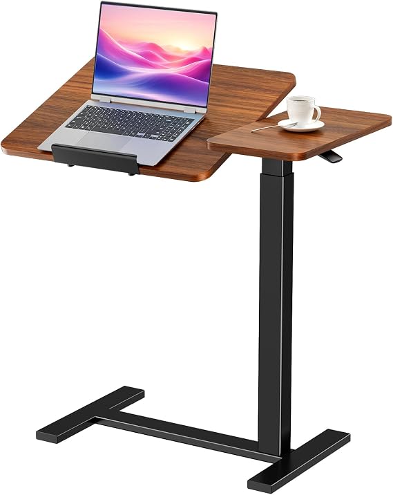 DUMOS Adjustable Bedside Overbed Table with Wheels, Brown