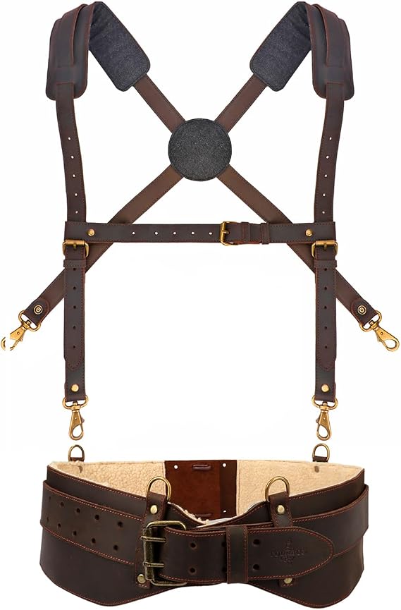 Genuine Leather Tool Belt with Brace Heavy Duty Work Suspenders