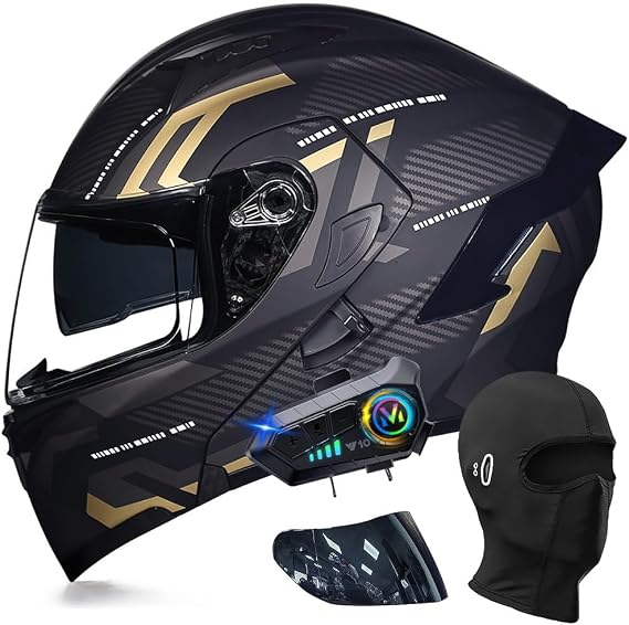 Motorcycle Helmet with Bluetooth Flip-Up Helmet Modular Helmet ECE Certified Full-Face Helmet with Double Visor with Built-in Microphone for Automatic Response for Adults Women Men