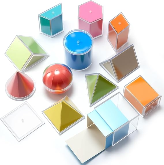 Faccito 12 Pcs 12 Styles Geometric Solids 2D Folding Nets & 3D Shapes Geometric Shapes Early Math Multicolored Blocks Manipulatives and Geometry Set for Classroom Homeschool Math Teacher Supplies