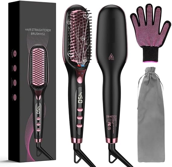Hair Straightener Brush,Hs1 Brush with 16 Kinds of Heat,Metal Ceramic Heating with LCD Scree.,Anti Scald and Automatic Closing Function for Hair Heath and Beauty(Gift Hairpin)