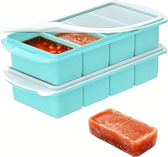 2 Pack Ice Tray, 30x13cm Silicone Large Lake Green Lid Freezer Moulds | Cube, 4 Compartment, Soup Freezer Container Food Containers, Ice Cube Moulds, for Meal Prep Storing Soups Sauces
