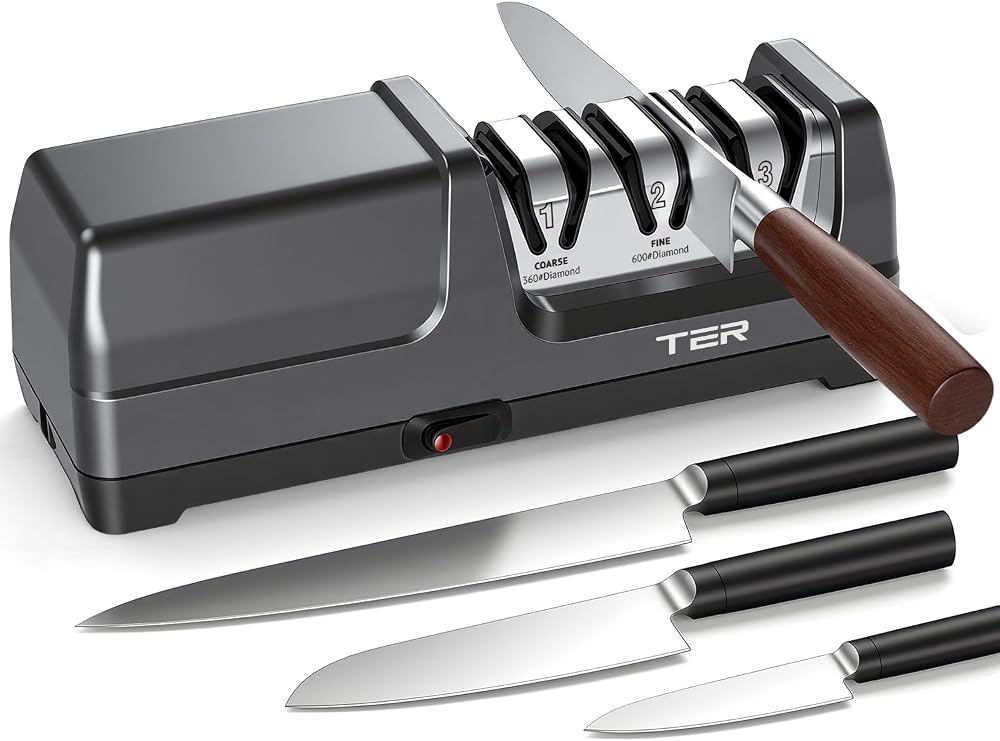 TER Professional Electric 3 Stage Diamond Kitchen Knife Sharpener, Black