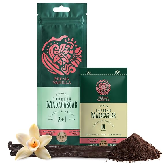 PREMA VANILLA Madagascar Vanilla Beans Pack of 3pcs & Vanilla Powder Bourbon Premium 0.49Oz