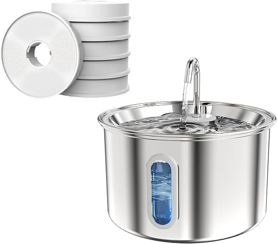 101 oz/ 3 L Stainless Steel Pet Water Fountain& Original Design 6 Replacement Filters Pack