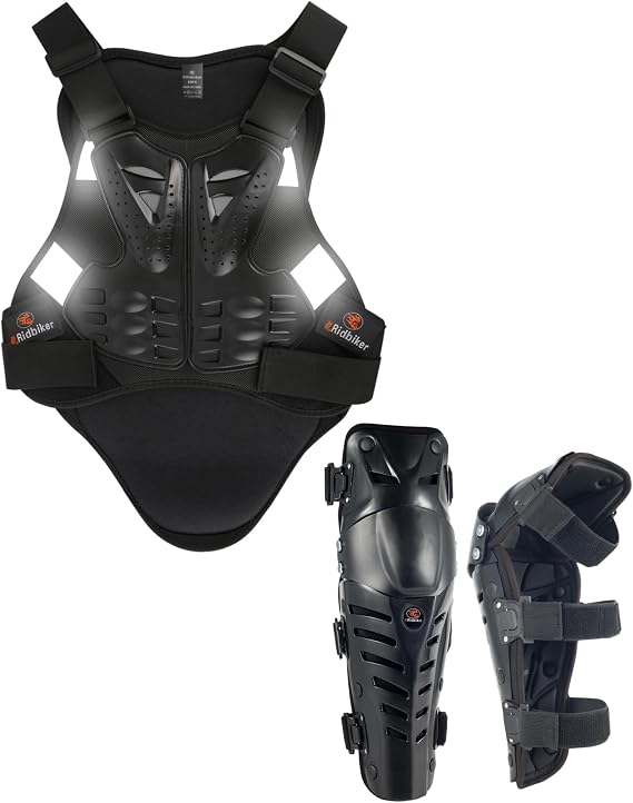 Motorcycle Armor Vest and Knee Guard 1 Pair, Dirt Bike Gear Body Armor Vest Spine Back Protector for Motocross Off-Road (Set-Black Vest M+Knee Guards)