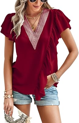 Women Summer Casual Top Pure Color Short Sleeve Pullover Top Lace Splicing V Neck Loose Blouse Top