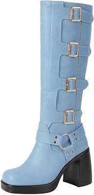 Seborluys Knee High Buckle Boots for Women Square Toe Chunky Block High Heel Pull On Gothic Riding Boots with Fleece Lining